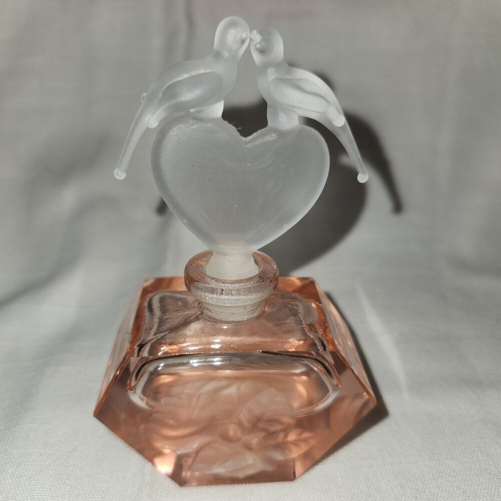 Vtg Pink Cut Glass Granny Perfume Bottle Lovebirds Stopper E&R 1886 Golden Crown